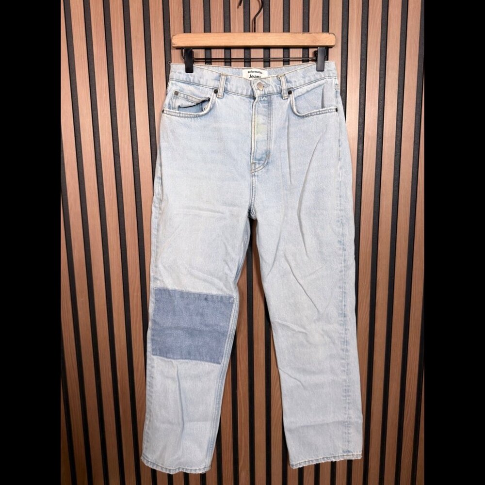 Reformation Jeans 28 Womens Blue Tahoe Patchwork Button Fly Denim